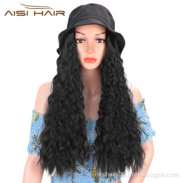 Aisi Hair Outdoor Hat Wig Long Wavy Cosplay Party Knit Slouchy Hat Synthetic Fiber Hair Extension With Black Cap For Women